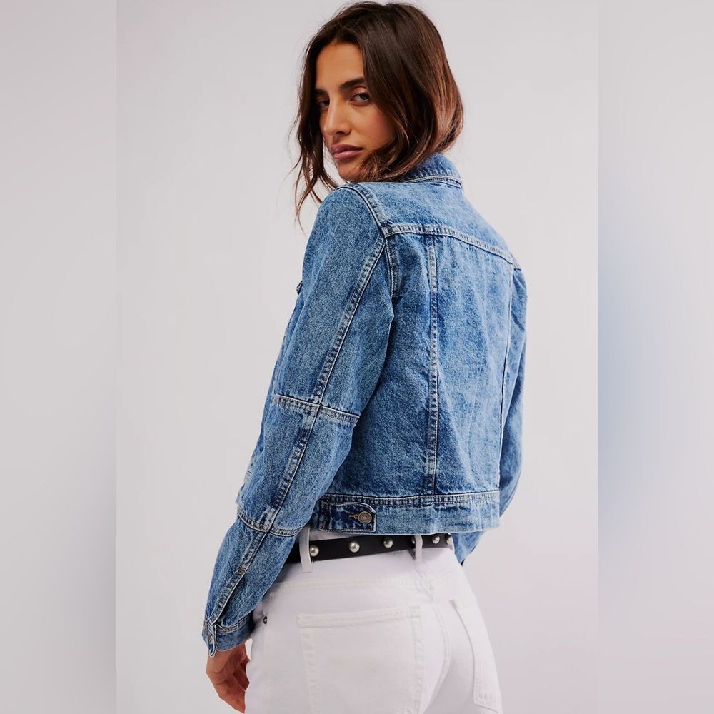 Free People Denim Jacket sz S Boho Western Layering Beach Coastal Preppy - Picture 2 of 16